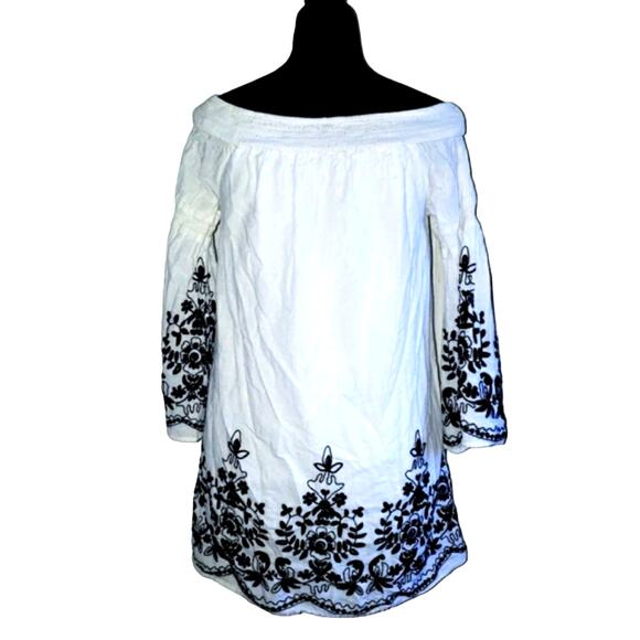 Kori America Boho embroidered white and black dress/shirt off shoulder s… - Picture 1 of 6